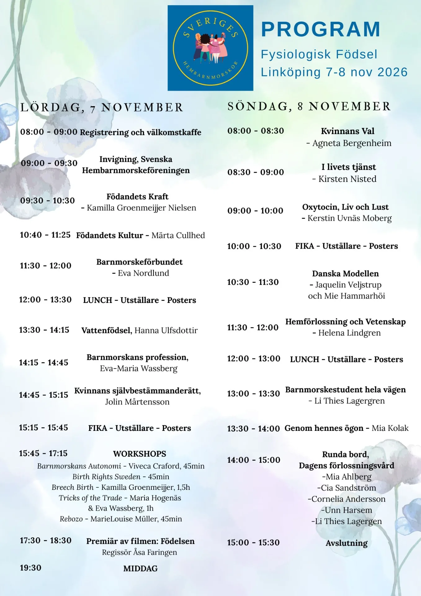Program för konferensen Fysiologisk Födsel i Linköping, lördag 7 och söndag 8 november 2026.