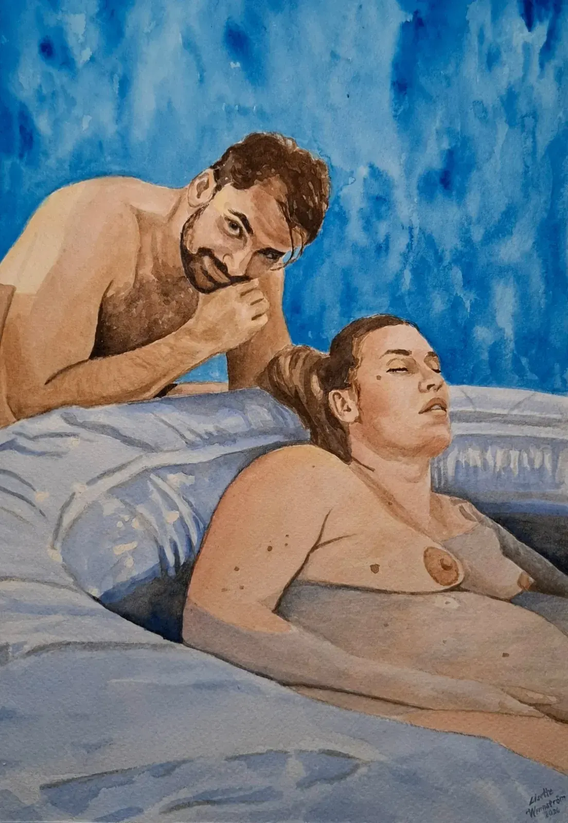 Akvarellmålning av Malin i förlossningspoolen med sin man bredvid sig.