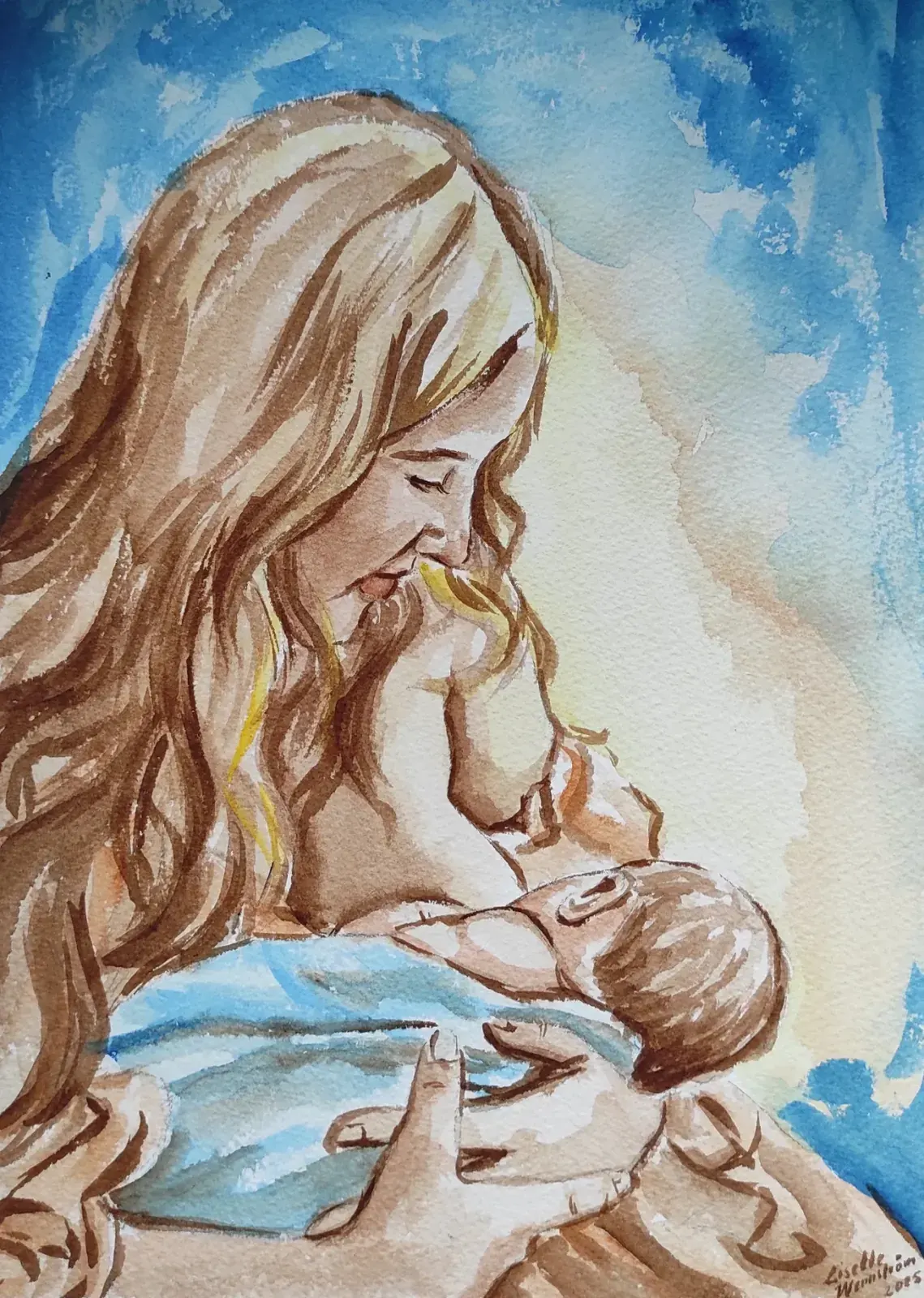 Akvarellmålning av en mamma som ammar sitt nyfödda barn, av Lisette Wennström.